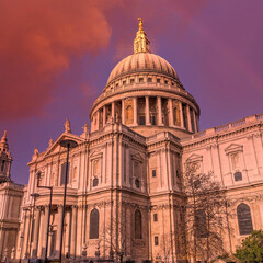 Fototapeta na wymiar London England, saint Paul's cathedral impressive dome under dramatic sky