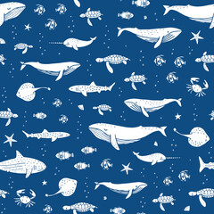 Hand drawn marine animals on blue background. Seamless pattern with sea dwellers. Vector illustration for cover, fabric, wrapping paper. Hand drawing