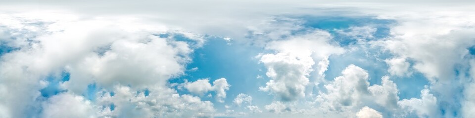 Seamless panorama of sky with puffy Cumulus clouds in spherical equirectangular format with...