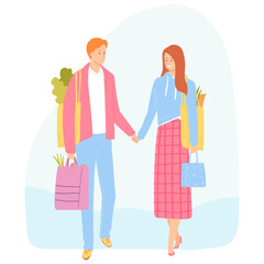 Cheerful romantic couple goes shopping. Young man and woman carry shopping bags with groceries. Vector illustration. Cartoon style characters