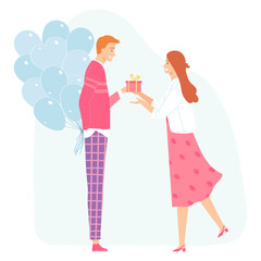 A loving couple on a date. A young man gives a woman a gift. Valentines Day concept. Vector illustration. Cartoon style characters