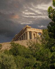 Parthenon ancient temple on Acropolis of Athens Greece and dramatic sky