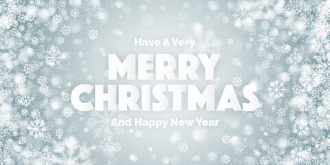 Merry Christmas Vector Illustration With 3D Typographic Text And White Snowflakes On Light Blue Background. Winter Holidays Xmas And Happy New Year Greeting Card Vector Design Template