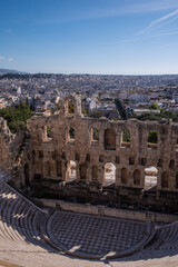 Ancient Odeon of Herodes Atticus theater - amphitheater of Acropolis of Athens, Greece.Landmark of Greece. Scenic view of Ancient Greek ruins overlooking Athens city.