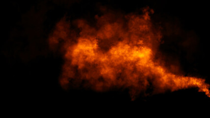 Fototapeta na wymiar Explosion chemistry fire smoke bomb on isolated background. Freezing dry fog bombs texture overlays.