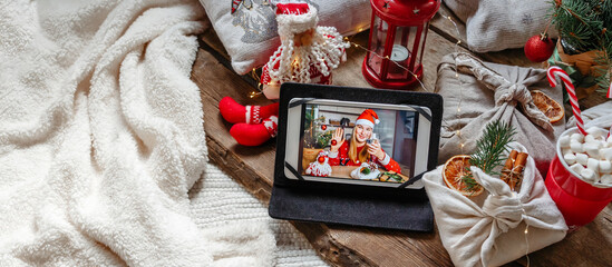 Christmas online holiday remote celebration X mas new year in lockdown coronavirus quarantine covid 19 new normal, social distance, remote communication, stay home vocation, Christmas party online