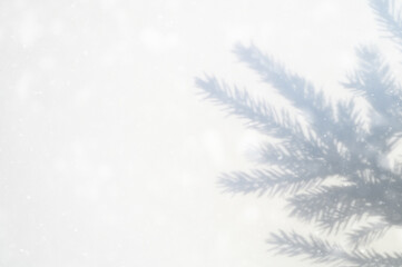 blurred photo of a shadow from a christmas tree branch on a white gray background of a wall or table. falling snow