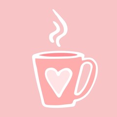 Pink Mug with heart, Hot drink for a loved one, Element for card decor, Sticker for Women's Day, Sticker for lovers, Hand draw, Doodle style.