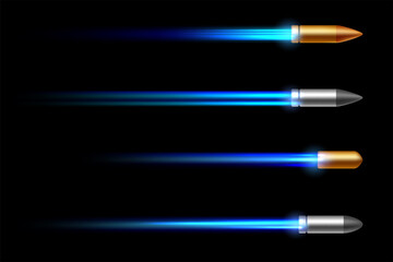 Realistic flying bullet with a flamethrower shot isolated on black background
