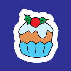Cute Christmas cupcake with berry, doodle style positive illustration. Happy new year decoration, winter holiday print. Hand drawn vector illustration isolated on white. Cartoon design for children
