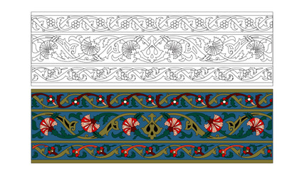 Ottoman bordure pattern, ancient historical drawing, Middle Eastern Origin Illustrations, authentic drawings
