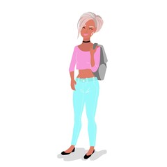 Blonde girl with a short haircut, female character in a pink top and light blue jeans with a backpack on her shoulders, Modern Student, vector illustration in flat style.