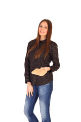 Obraz premium Young woman is holding a cutting board isolated white background