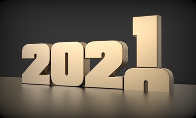 2020 year changes to Gold 2021. Happy New 2021 Year. Golden metallic numbers 2021 on black. 3d rendering