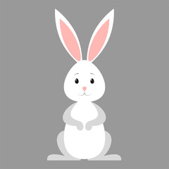 Cute white Easter Bunny or hare. Vector stock flat illustration isolated on a gray background.