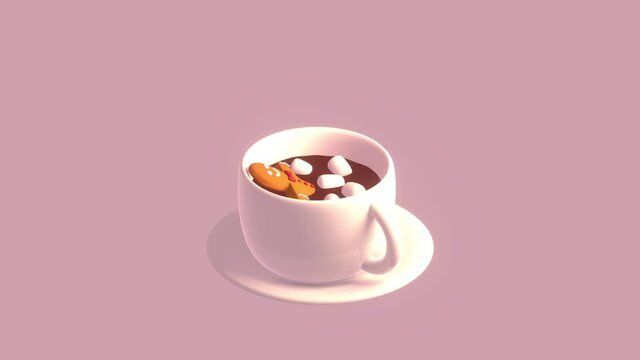 Looped 3d gingerbread man taking a warm hot chocolate bath with sweet marshmallows. Happy holidays and Merry Christmas greeting animation.