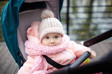 Baby in stroller on a walk in autumn park. Adorable little girl in warm clothes sitting in blue pushchair. Child in buggy