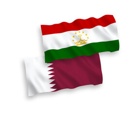 National vector fabric wave flags of Tajikistan and Qatar isolated on white background. 1 to 2 proportion.