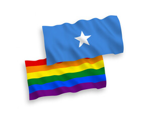 National vector fabric wave flags of Rainbow gay pride and Somalia isolated on white background. 1 to 2 proportion.