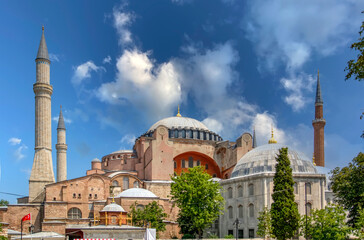 Sunny day architecture and Hagia Sophia Museum, in Eminonu, istanbul, Turkey 