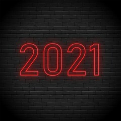 Fototapeta na wymiar 2021 red neon sign illustration. Realistic glowing shining design element.