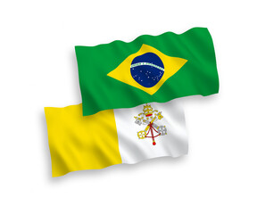 National vector fabric wave flags of Brazil and Vatican isolated on white background. 1 to 2 proportion.