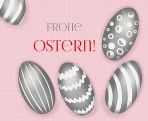 „Frohe Ostern„ means Happy Easter in the German Language. A postcard for Easter holiday, an illustration in a flat style