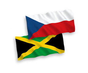National vector fabric wave flags of Czech Republic and Jamaica isolated on white background. 1 to 2 proportion.