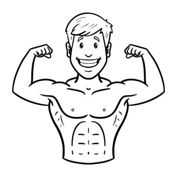 man shows muscles. bodybuilder, comic, outline, avatar, monochrome.