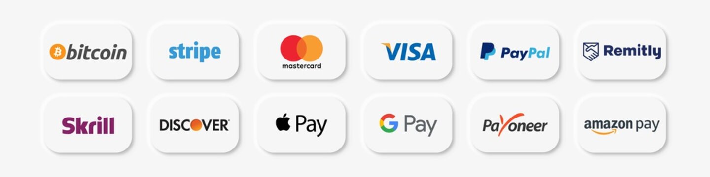 Vector illustration of popular payments systems and e-wallet. White web buttons, Neumorphism style.
