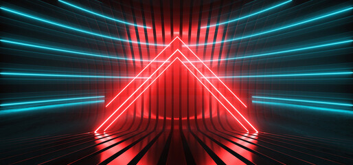 Sci Fi Modern Futuristic Striped Metal Glossy Background Neon Glowing Triangle Red Blue Line Lights Cyber Empty Background Showroom Showcase Studio 3D Rendering