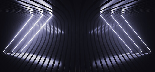 Sci Fi Modern Futuristic Striped Metal Glossy Background Neon Glowing Line Lights Cyber Empty Background Showroom Showcase Studio 3D Rendering