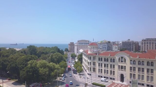 Unique drone shot of YMCA in Thessaloniki with White Tower in the background
