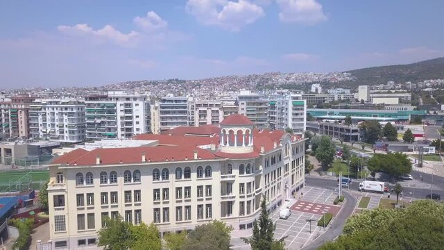 Aerial drone point of interest shot of YMCA in Thessaloniki