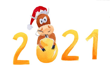 Watercolor illustration symbol of the new 2021 year bull congratulates on the holiday