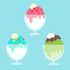 かき氷のベクターイラストセット（イチゴ・ソーダ・宇治抹茶）