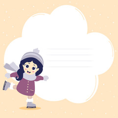 kids winter. Winter sport postcard and cute girl is skating. Pink background with snow and place of clouds for writing text. Vector. Kids collection for design, covers, cards, posters and stationery