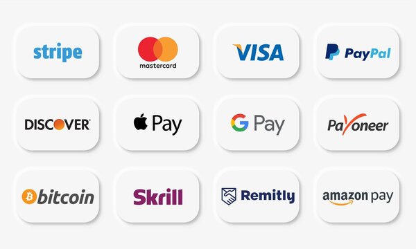 Vector illustration of popular payments systems and e-wallet. White web buttons, Neumorphism style.