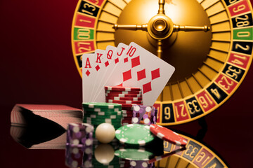 Casino set with Roulette, cards, dice and chips