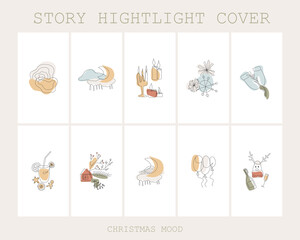 Set of Christmas Highlight Instagram story cover, New Year and winter, modern minimalist art, trend . Fashion illustrations vector,  One line and color shape art