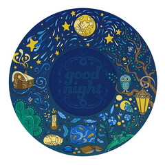 Round frame with wishes of good night. Hand drawn vector illustration. Doodle style.