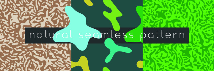 Organic seamless pattern and vegetarian background with liquid shapes. Modern ornament. Green packaging design template. Label tag design, vegan food, natural eco cosmetic, bio concept, nature concept