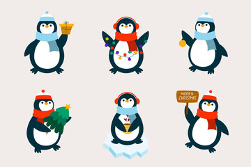 Christmas penguins in cartoon style.