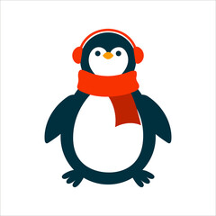 Christmas penguin in headphones and a scarf isolated on a white background. 