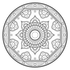 Mandala line vector. A symmetrical monochrome round ornament.