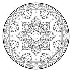 Mandala line vector. A symmetrical monochrome round ornament.