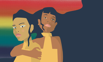 LGBT flag with a couple hugging each other 