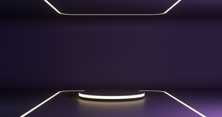 Futuristic dark purple empty scene with podium and neon lighted lines to display your product. 3d render