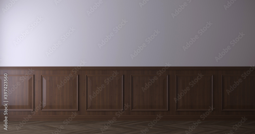 Wall mural Light beige gray wall with wood molding and dark wood chevron parquet floor. Taupe color. Horizontal frontal view composition. 3d render.