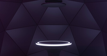 Futuristic dark purple triangle background with neon lighted lines on podium to display your product. 3d render